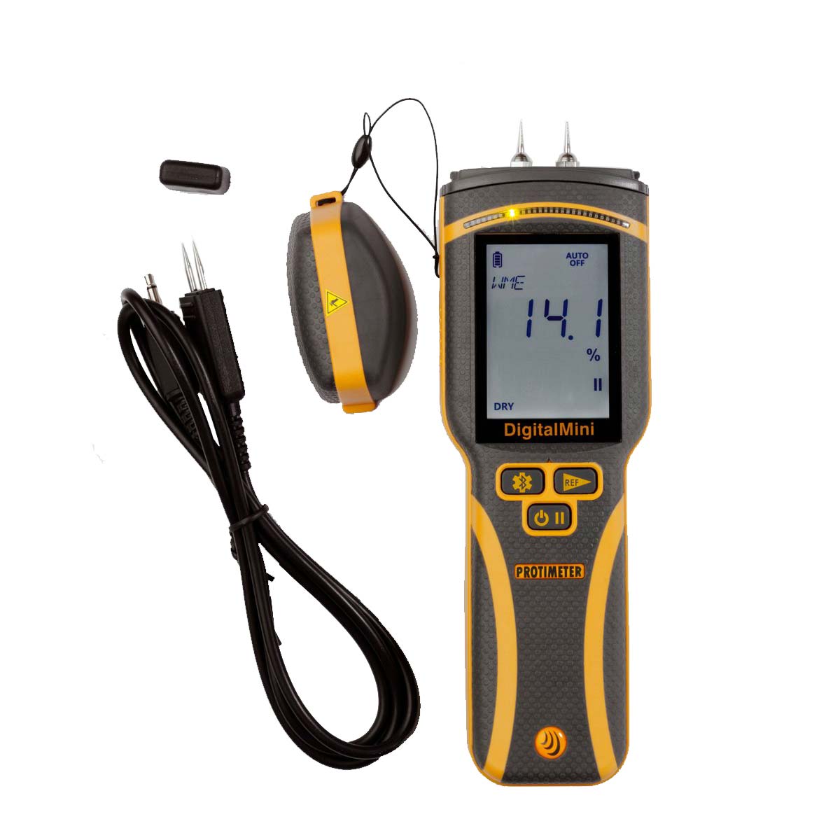 Protimeter Digital Mini mit Messspitzen, Schutzkappe und Messkabel mit Elektroden.