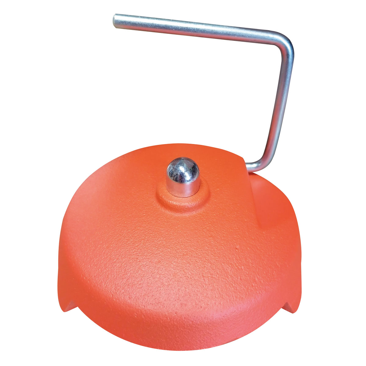 Orange pulverbeschichtete Bodenplatte (Frosch) 2,6 kg aus Grauguss mit Dorn und Tragebügel.