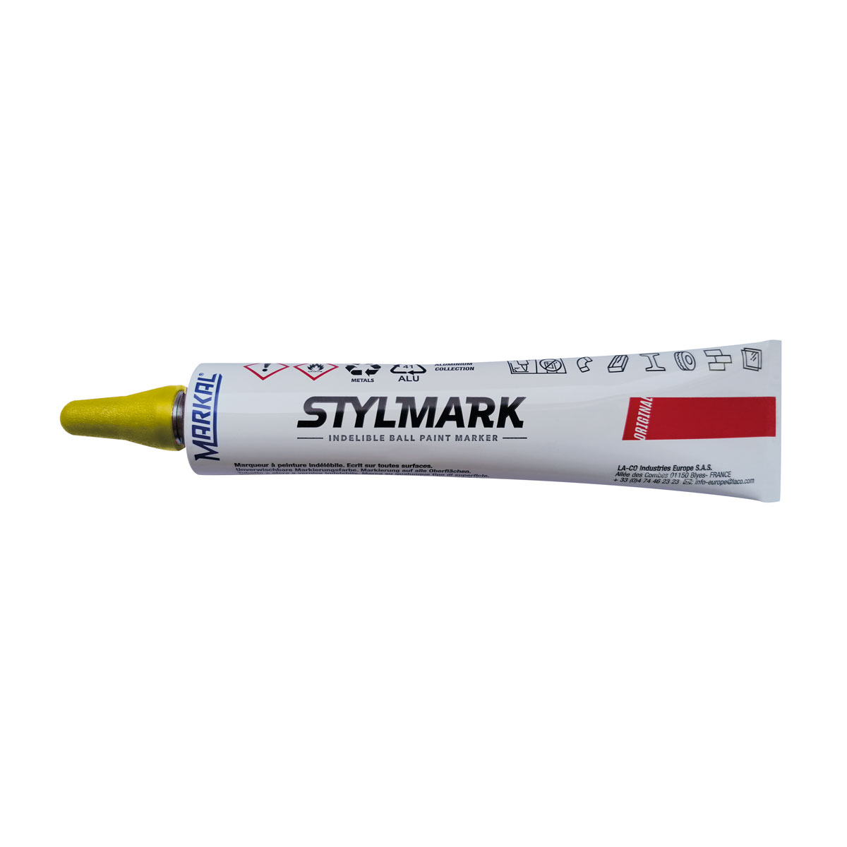 Markal Stylmark Tubenfarbe 70 g mit gelber Kugelspitze für unverwischbare Markierungen.