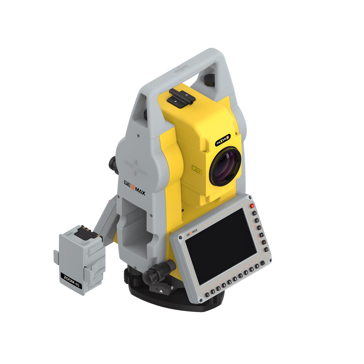 GeoMax Android-Totalstation Zoom45 mit großem Touchdisplay, Nexus-5-Fernrohr und seitlichem Akku.