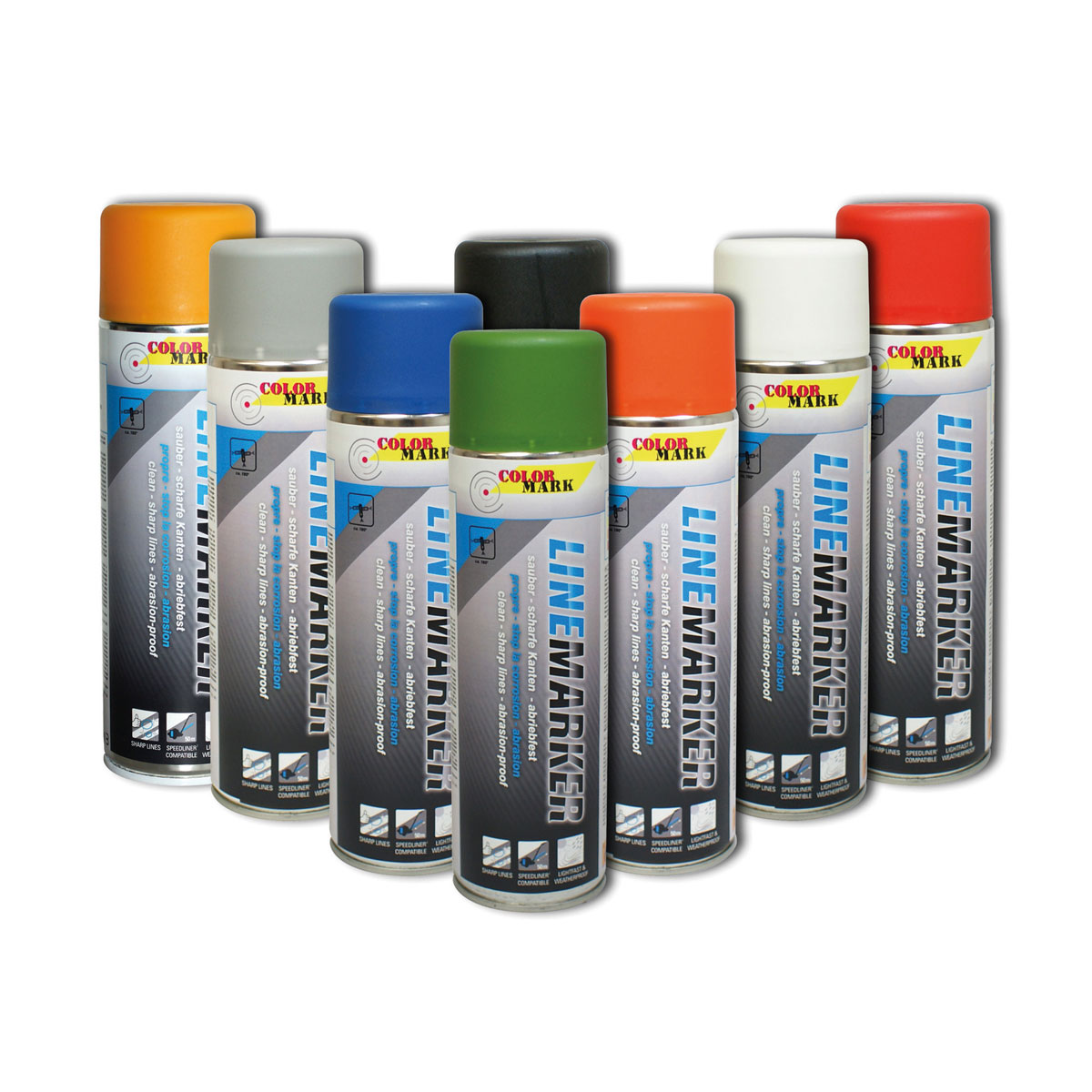 Colormark Linemarker Sortiment in acht Farben: gelb, grau, blau, schwarz, grün, orange, weiß und rot.