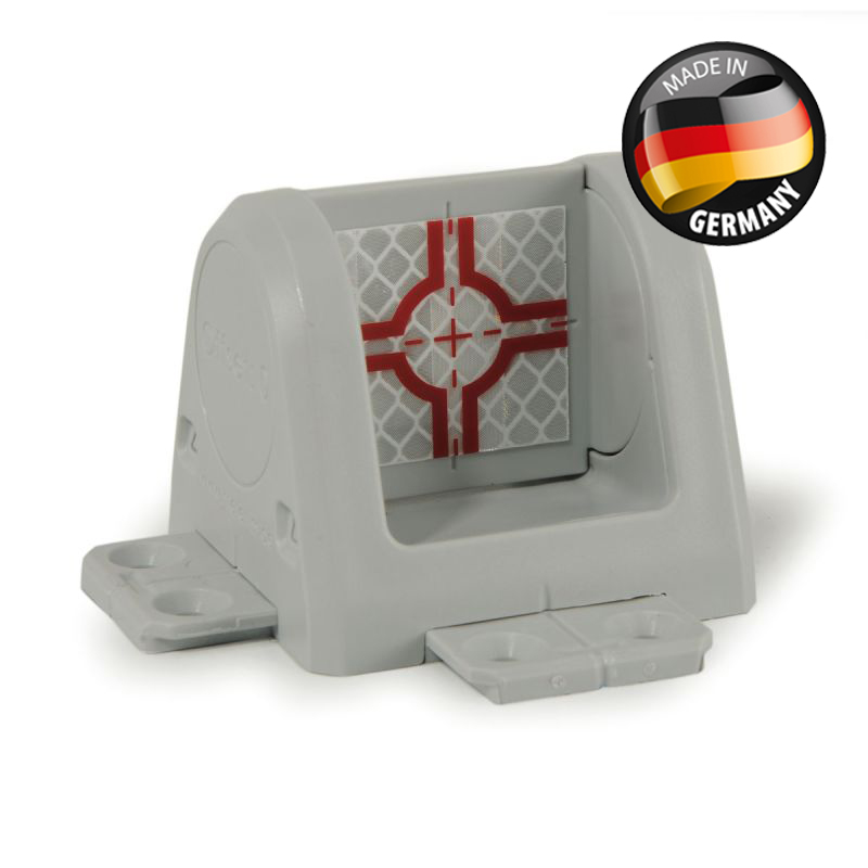 Graue Reflexzielmarke RS183 mit Kippfunktion von Rothbucher Systeme mit schwenkbarer Zielmarke und zwei Steckfüßen.