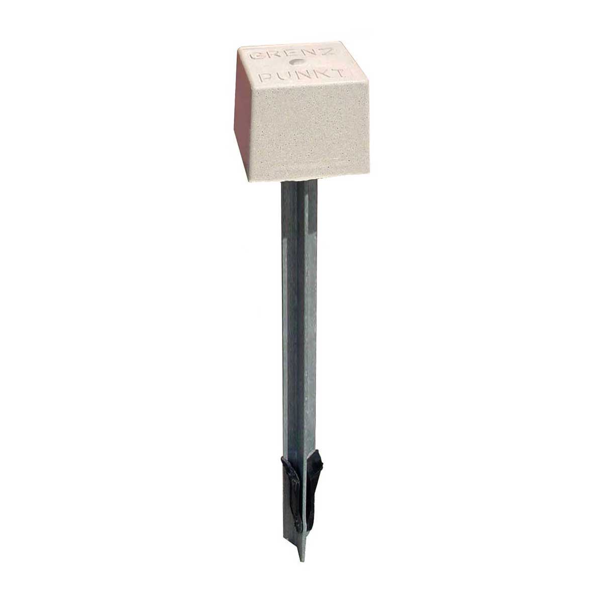Weiße T-Marke 600 mm mit Kunststoffkopf 90 x 90 x 80 mm, Aufschrift Grenzpunkt und langem T-Profil-Schaft mit Ankerflügeln.