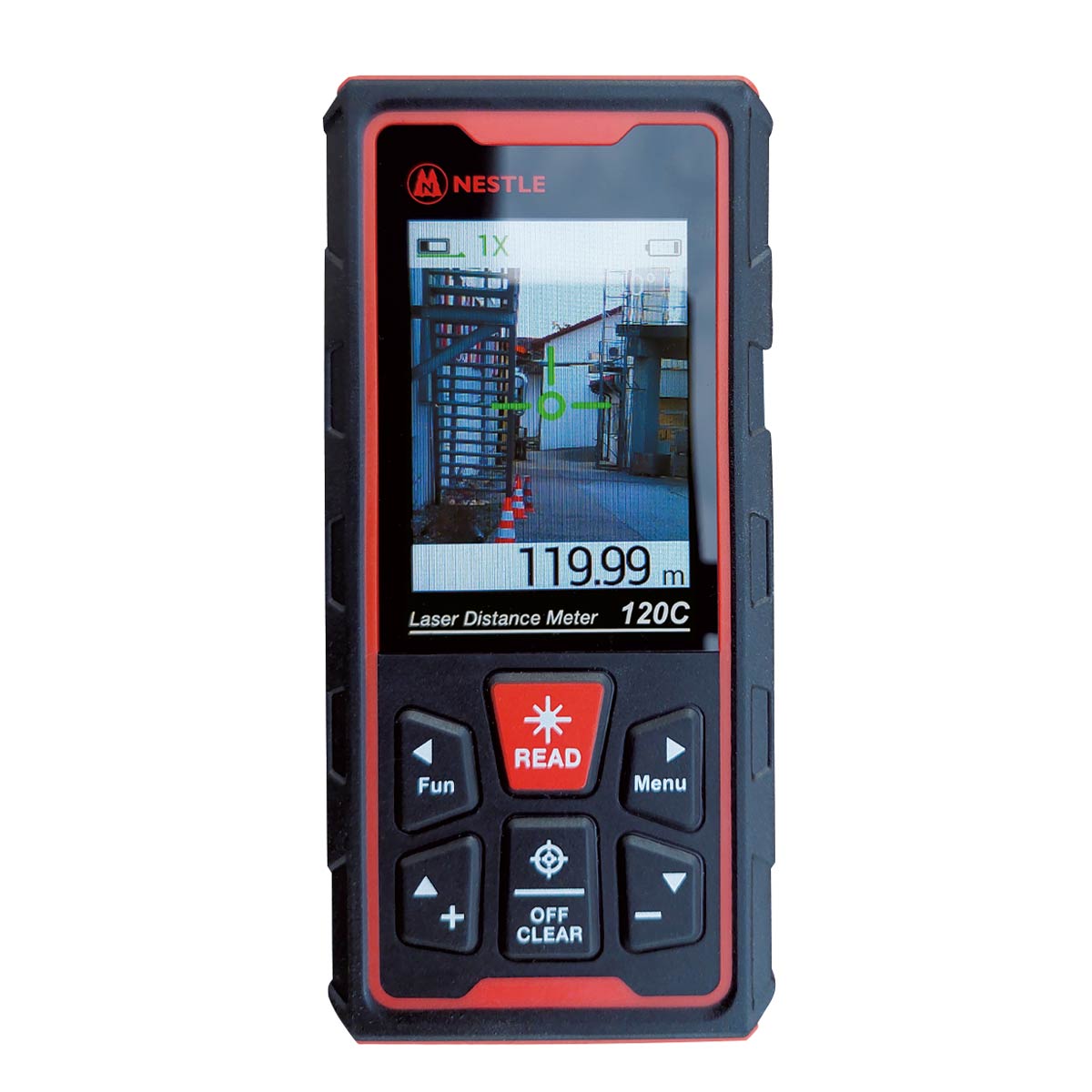 Nestle NDL-120C Laser Distanzmesser mit grünem Laser und Kamera-Sucher für präzise Messungen auf dem hellen Display.