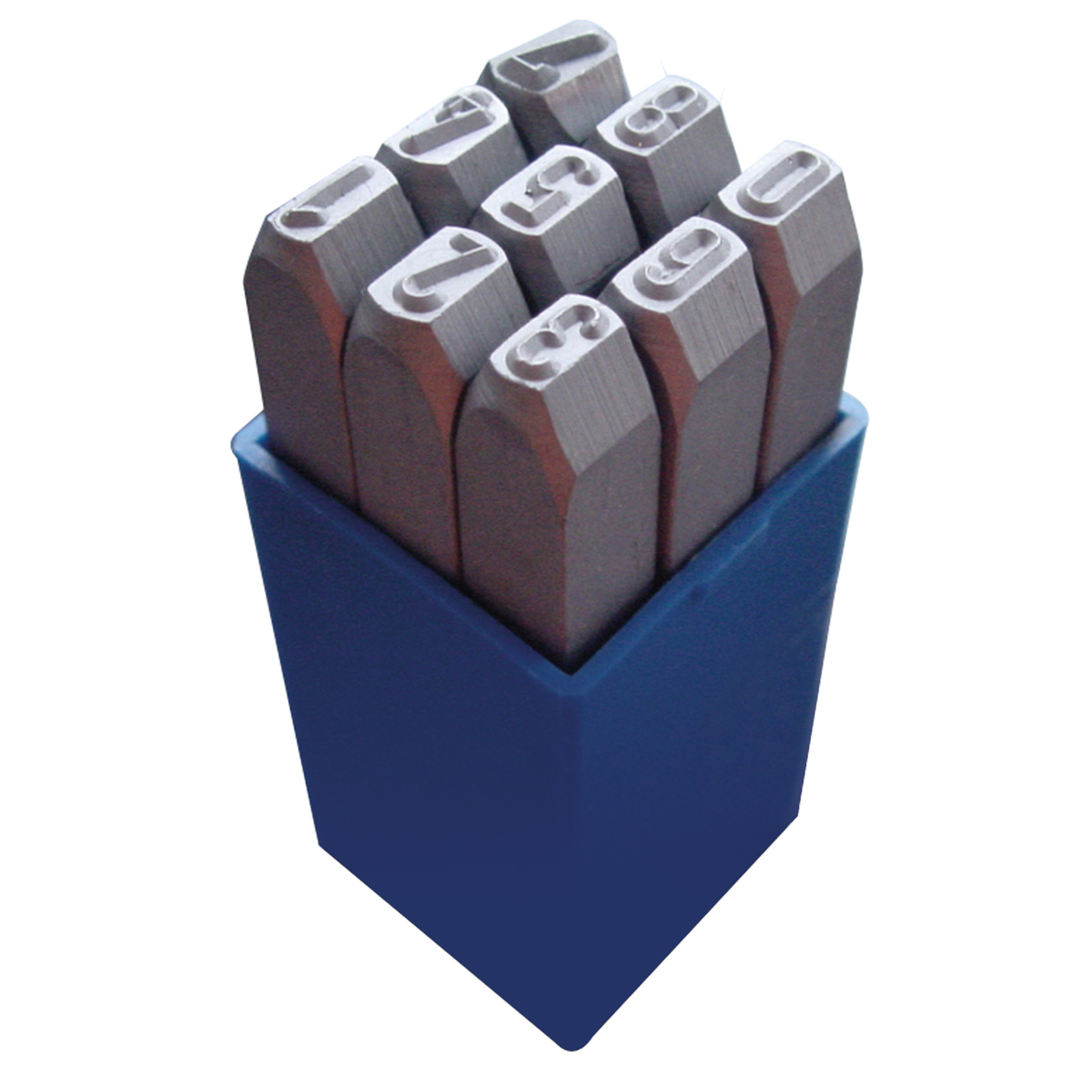 Schlagzahlen-Set 0 bis 9 mit 5 mm Schrifthöhe in blauer Kunststoffbox.