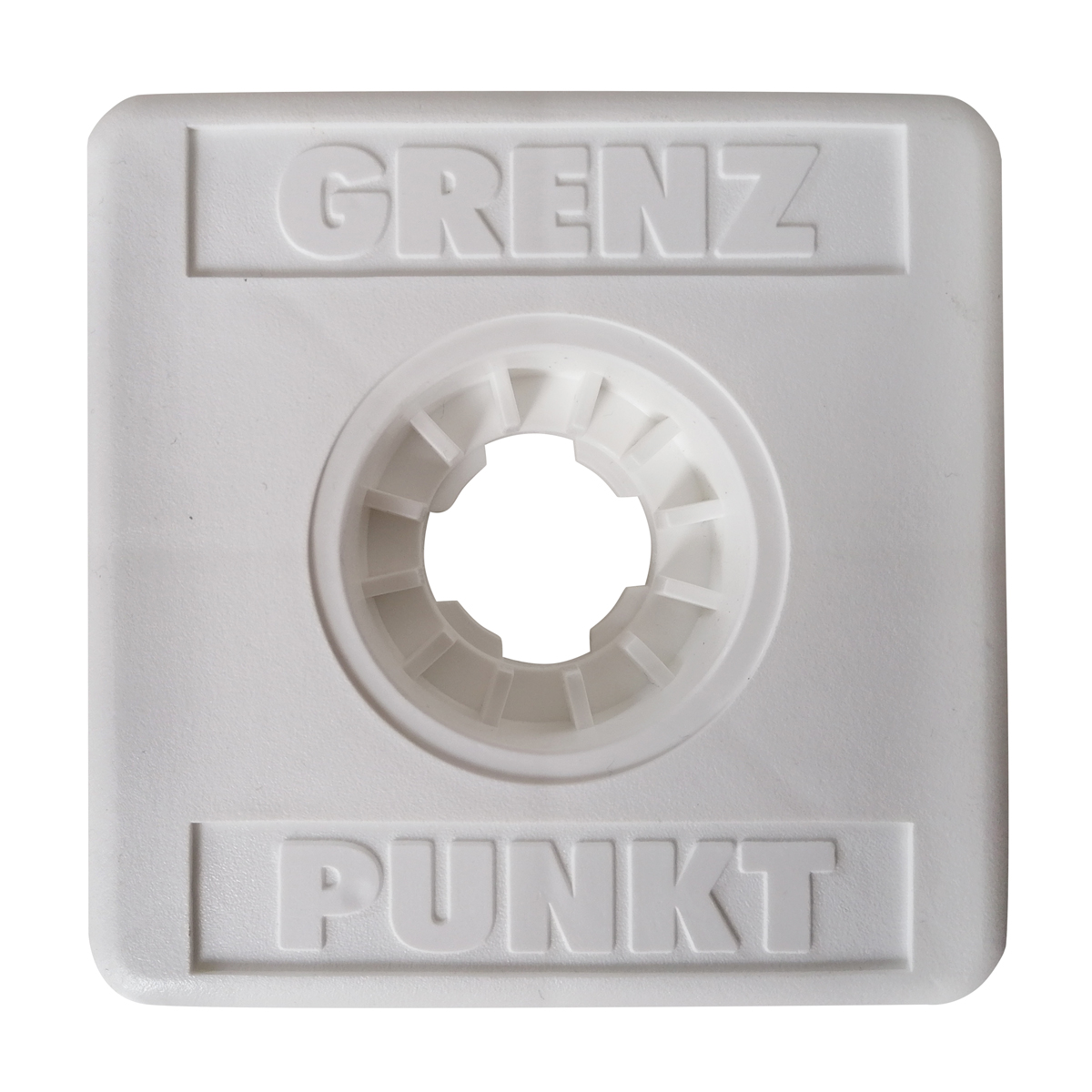 Draufsicht auf die weiße Kunststoffmarke Vario Light 100 mm mit Aufschrift Grenzpunkt und gezahnter Mittelaufnahme.