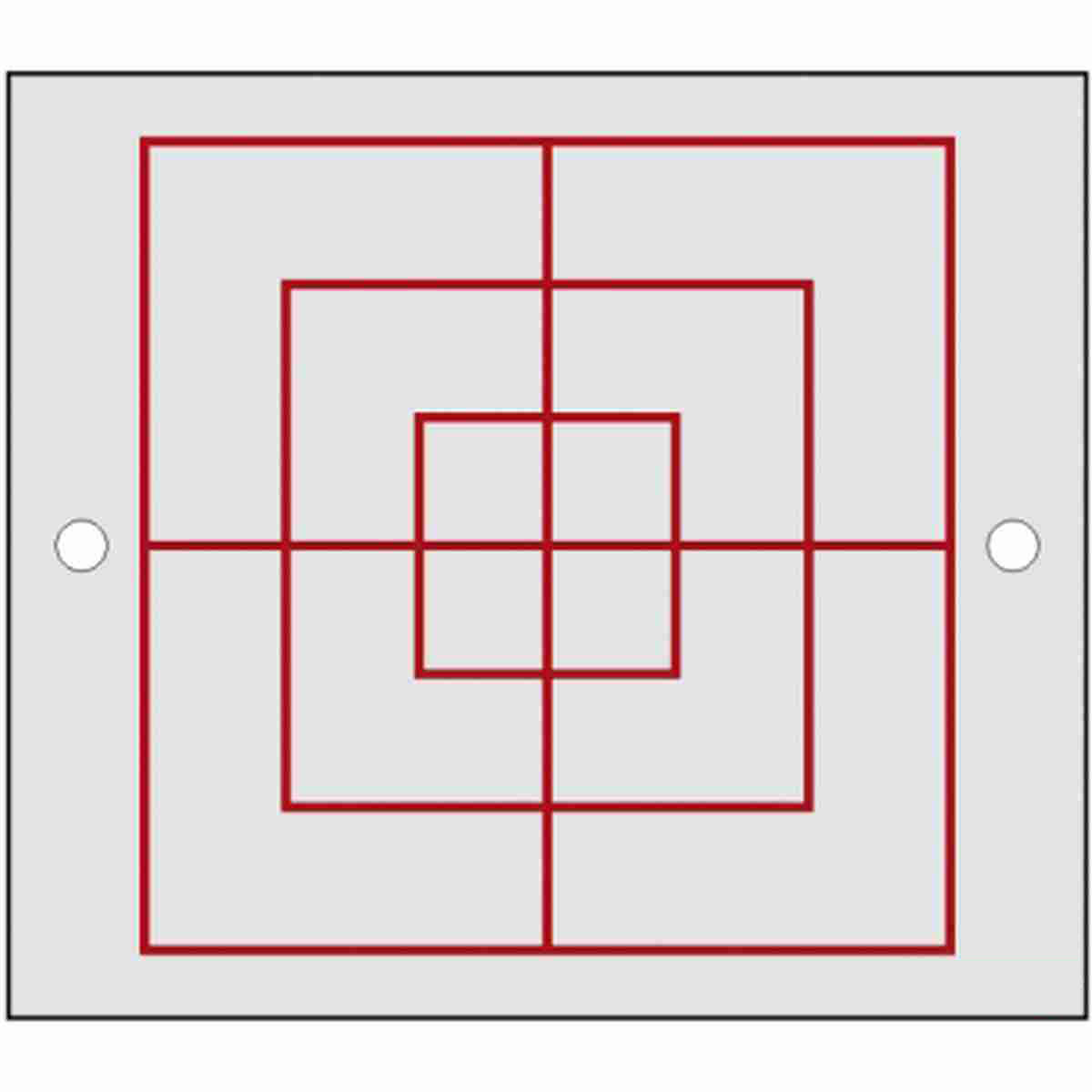 Alu-Trägerplatte 71 x 81 x 1,5 mm mit rotem Quadratraster, Fadenkreuz und zwei Befestigungslöchern.