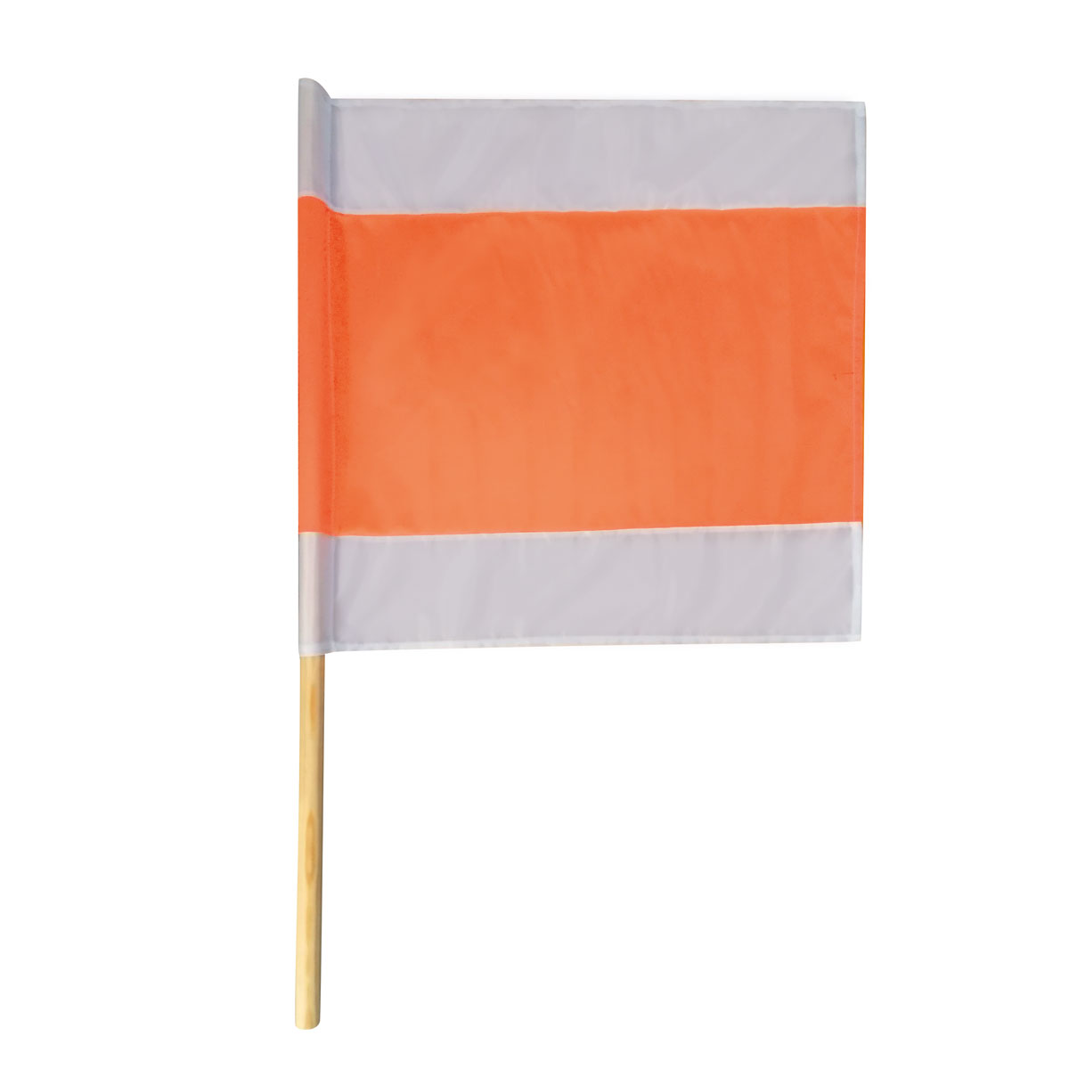 Warnflagge 500 x 500 mm weiß-orange-weiß an Holzstiel Ø 21 mm, 80 cm.