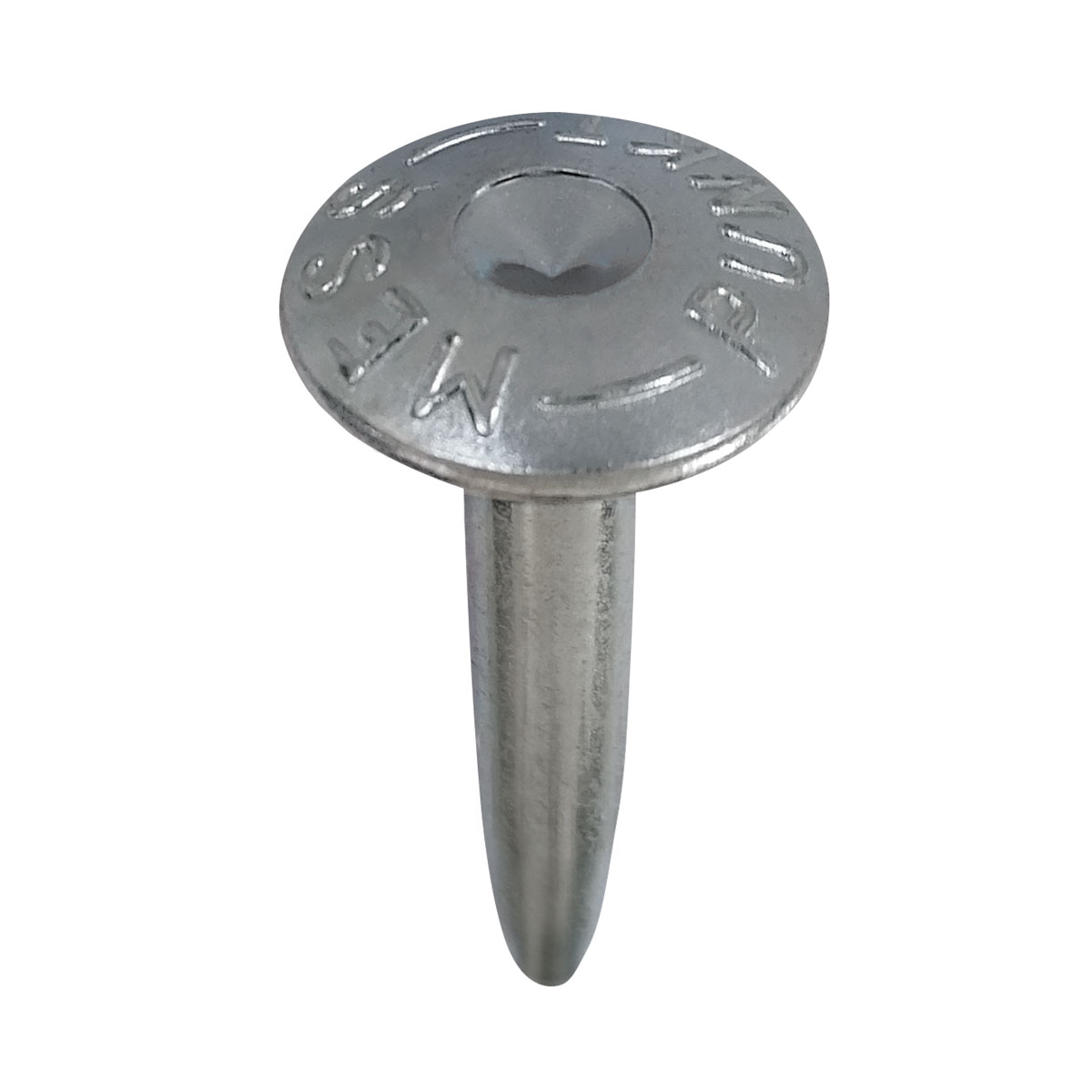 Verzinkter Superkopfbolzen 55 mm mit eingeprägter Aufschrift Messpunkt und zentraler Körnung im Kopf.
