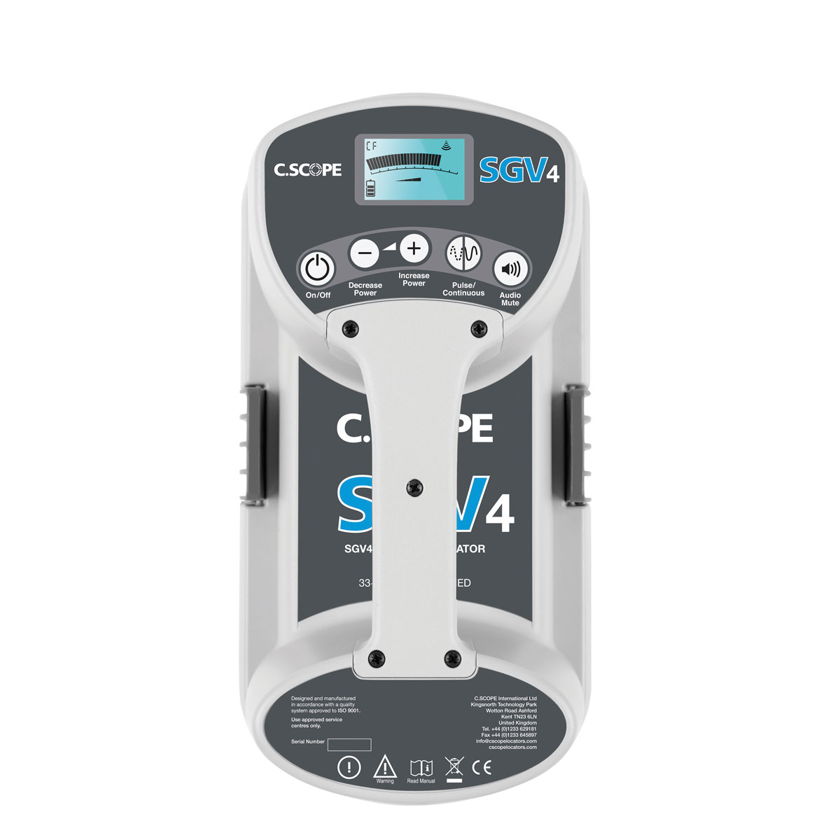 Draufsicht auf den C.Scope Sender SGV4 mit Display und Tasten für Leistung, Pulse und Audio Mute.