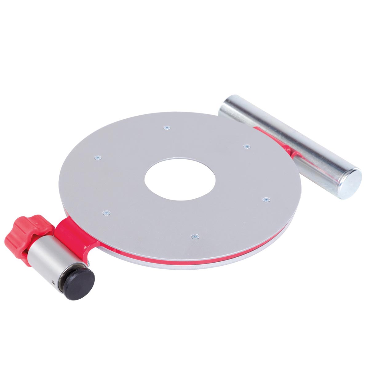 360° drehbarer Stativteller von Nestle mit Aluminiumplatte, rotem Klemmgriff und Haltestange.