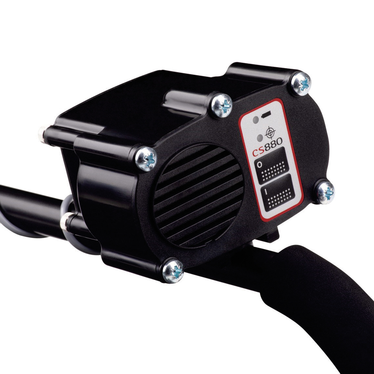 Bedieneinheit des C.Scope Metallsuchgeräts CS880 mit Lautsprecher, LED-Anzeigen und Ein-/Aus-Tasten.