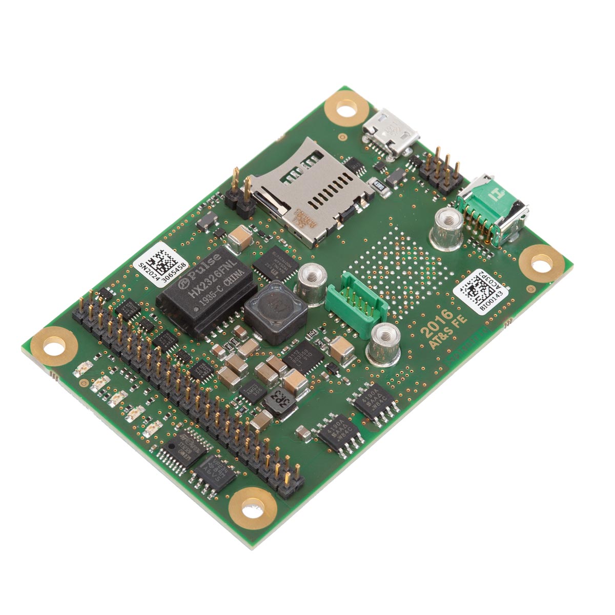 Septentrio Robotics Interface Board mit Steckerleiste, microSD-Slot und USB-Anschluss, Schrägansicht.